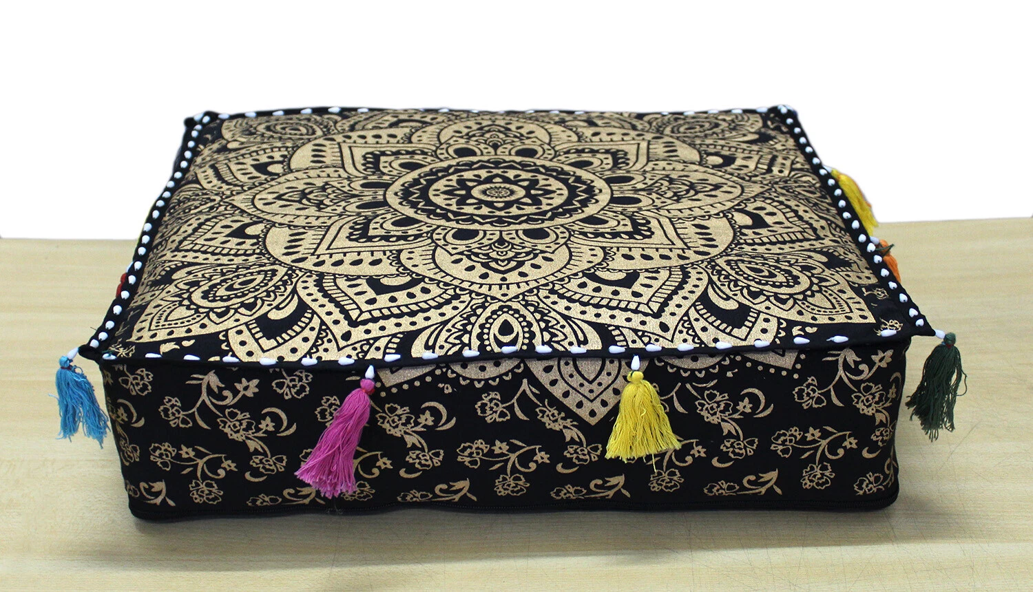 22" Indian Ombre Mandala Square Floor Pet Bed Black & Gold Cushion Covers Throws