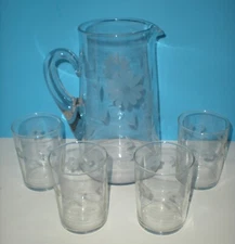 Antique Water Pitcher & 4 Cups Etched Flowers Floral Milk Lemonade Juice vtg
