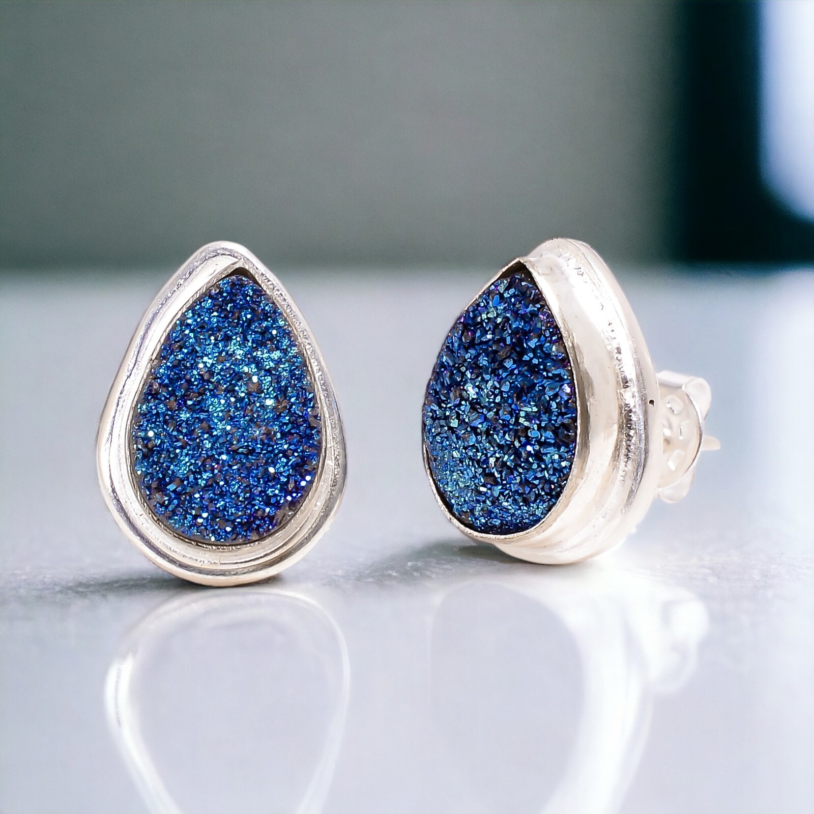 Natural Titanium Druzy Stud Earrings in 925 Sterling Silver Indian Jewelry
