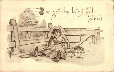 Comic Postcard Ive Got the Latest Fall Stile Lady Fell Over Fence Posted 1914