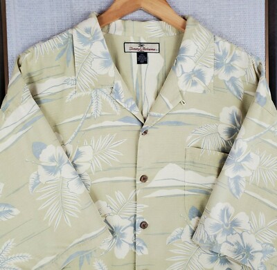 TOMMY BAHAMA Size 2XL 100% Silk Green Islands/Hibiscus Mens Hawaiian Camp Shirt 