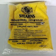 Stearns Industrial Dry Wear Yellow Rain Jacket Pant Hood PVC 3 Pc 8000 Size Med