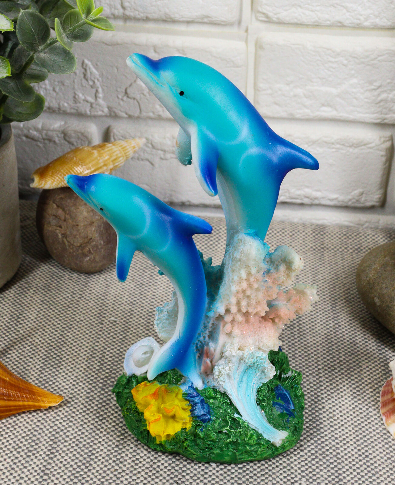 Sea World Nautical Two Bottlenose Dolphins Swimming by Coral Reefs Statue  5.5