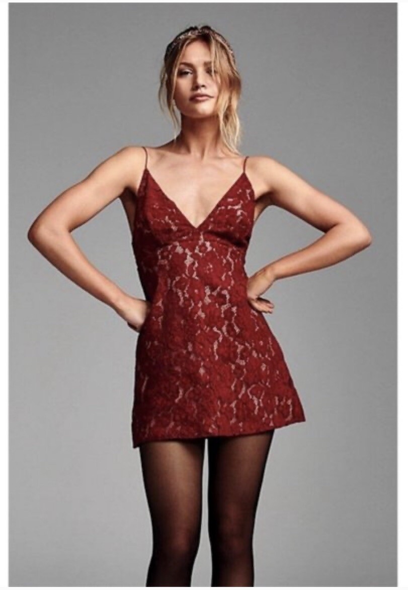 Free People Dangerous Love Mini Dress Sz: 10 New $108 Red Nude Floral Lace  | eBay