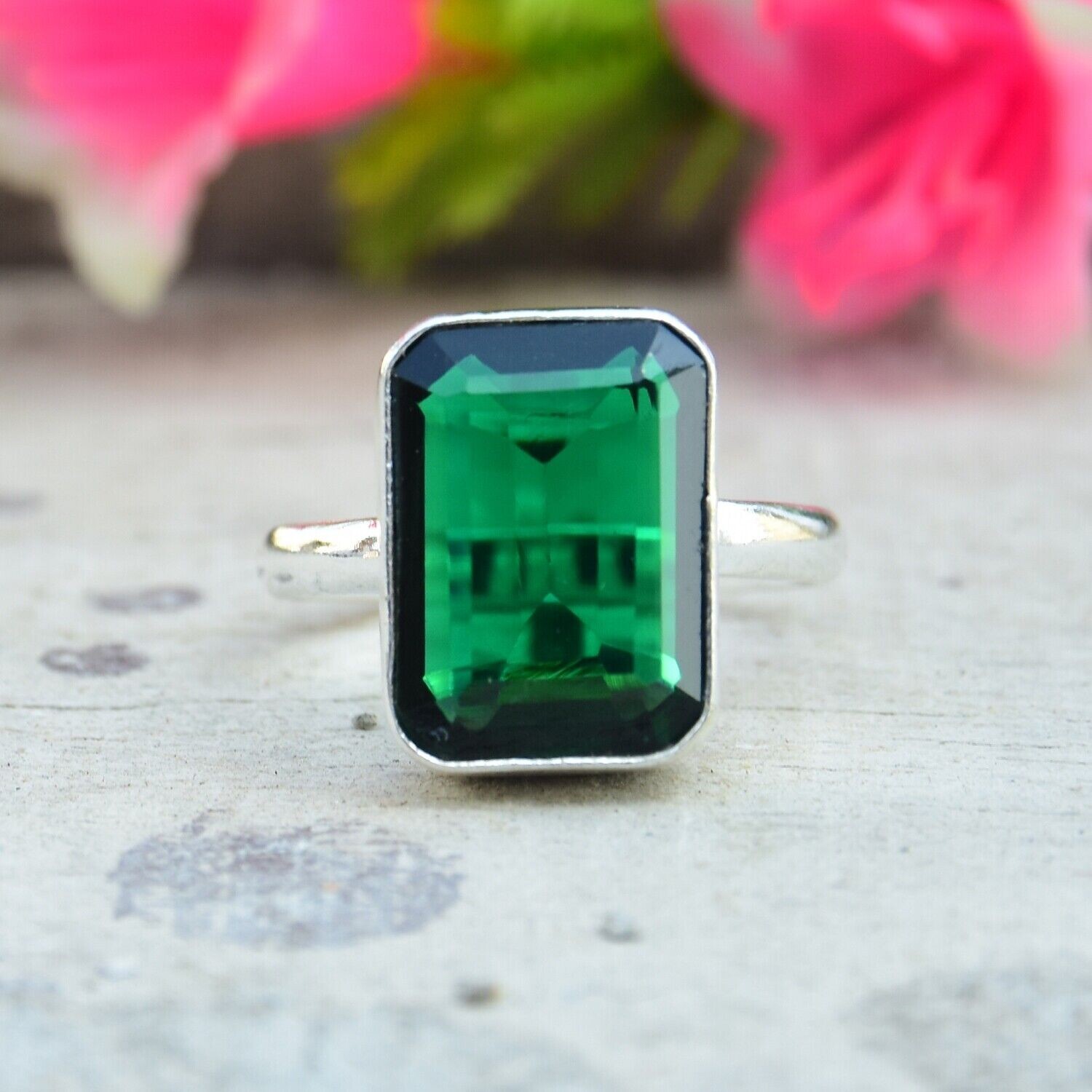 2CT Cushion Cut Green Emerald Simulated Solitaire Ring in 14K White Gold Plated