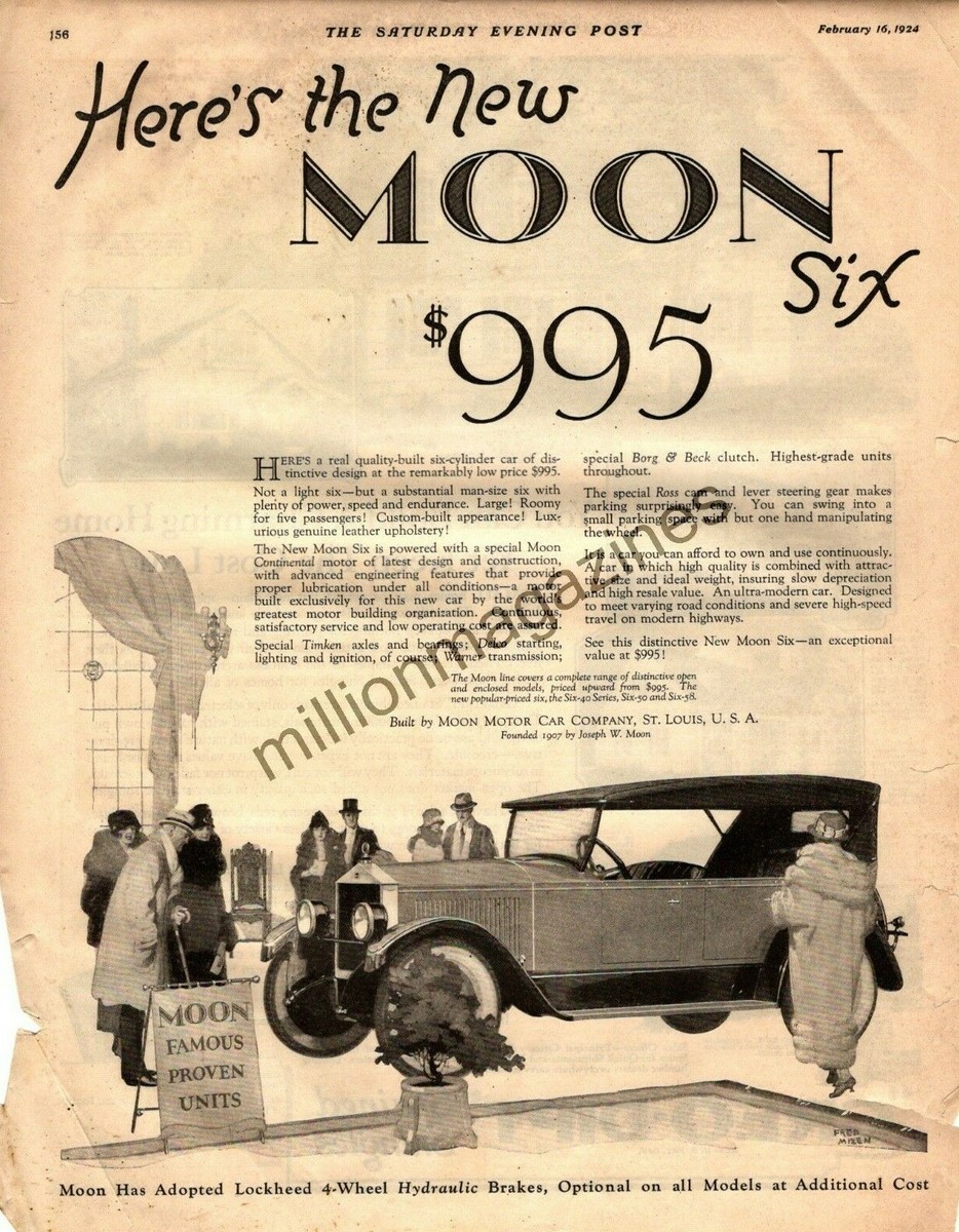 1924 Moon Touring Original auto ad by Fred Mizen - Extremely Rare 