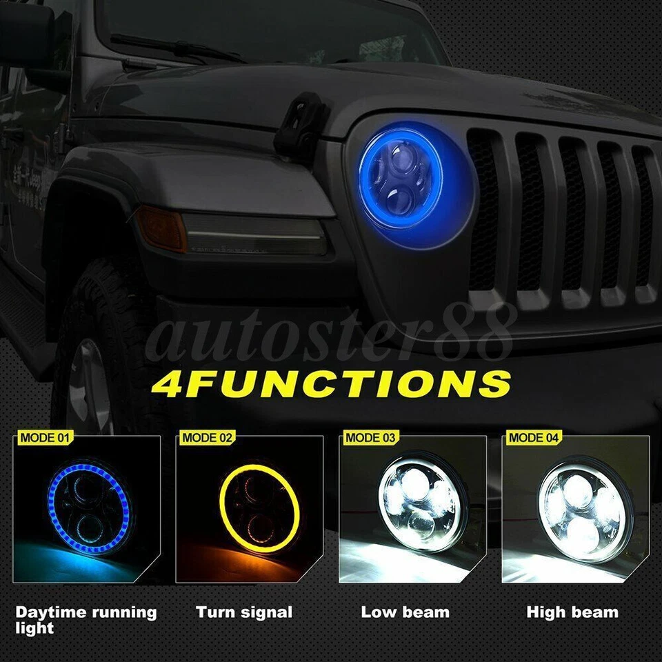 Halo Blue DRL 7" LED Headlights 4" Fog Lights Combo Kit For Jeep Wrangler JK TJ Foto 4 de 4