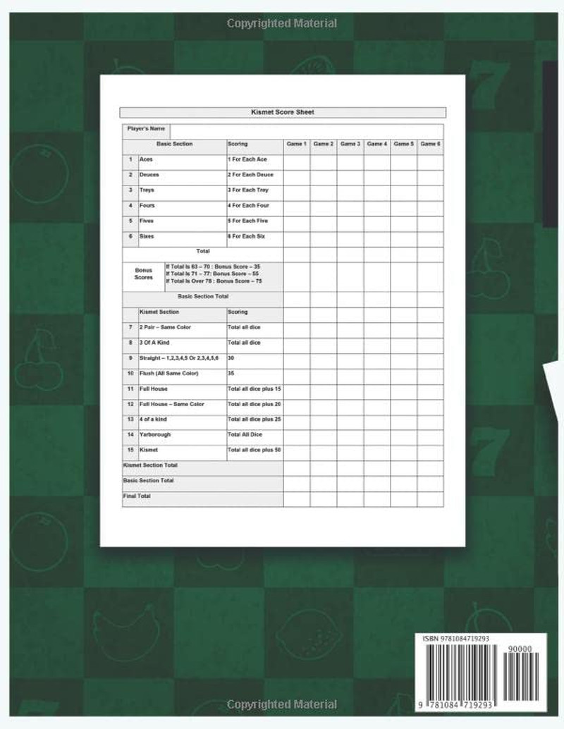 Kismet Score Sheets: 100 Kismet Score Pads, Kismet Dice Game Score Book