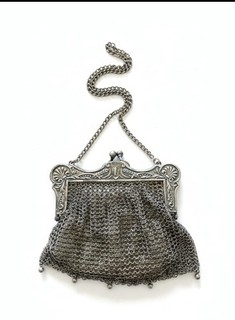 Antique German Silver Mesh Chatelaine Coin Purse Stamped “German Silver”