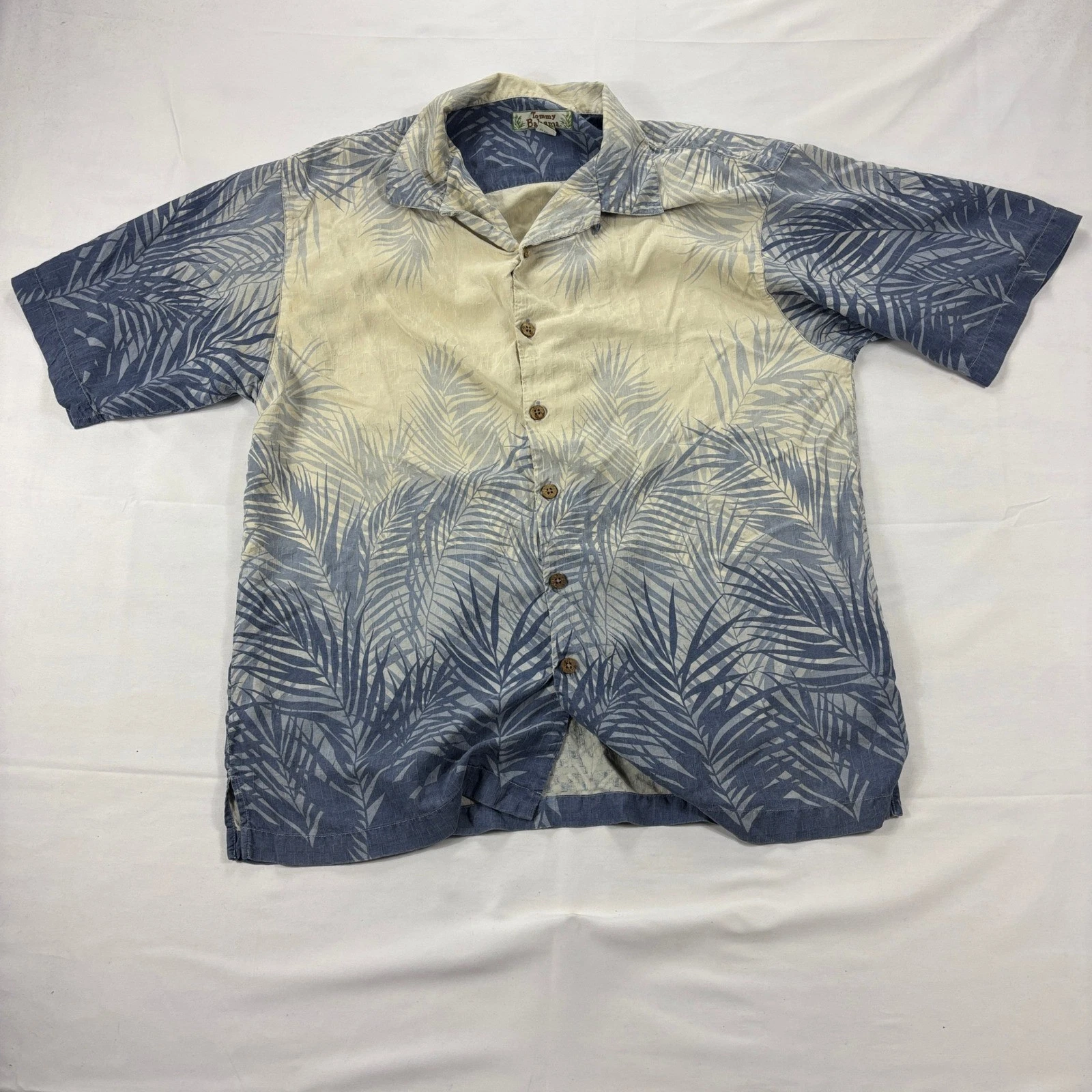 Tommy Bahama Silk Hawaiian Shirt Palm Leaf Tropical Camp Button Up Large Blue