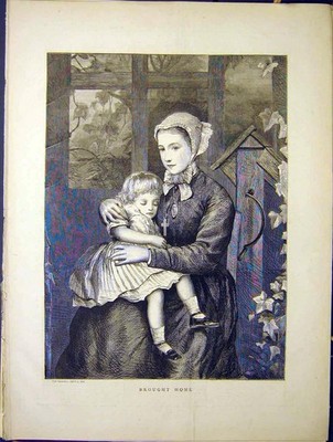 Original alter antiker Druck nach Hause gebracht Kind Baby Dame Portrait 1870 viktorianisch