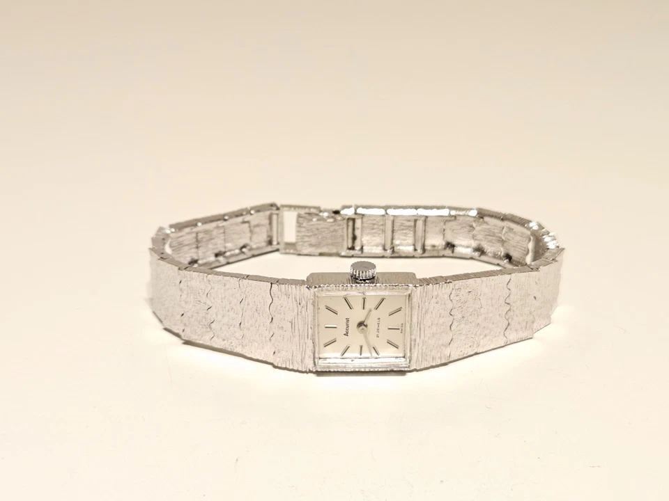 RELOJ MECÁNICO VINTAGE RARO SUIZO CHAPADO EN ORO BLANCO DAMAS PULSERA "ACCURISTA" Foto 3 de 4