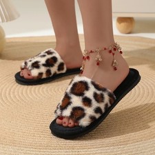 Leopard Print Slippers Women Fuzzy Plush Slides Open Toe House Shoes