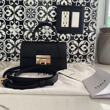 FURLA Mini Leather Top Handle Bag Black NEW 2way Gold Crossbody Strap