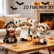 3PCS Halloween Highland Cow Ghost Statues with Pumpkin Hooded Mummy Decor
