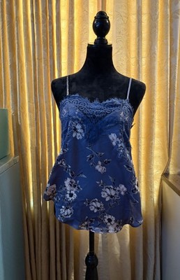 Allison Joy Blue Floral Lace Cami XS 90s Y2K Style Silky Tank Eyelash Trim Top