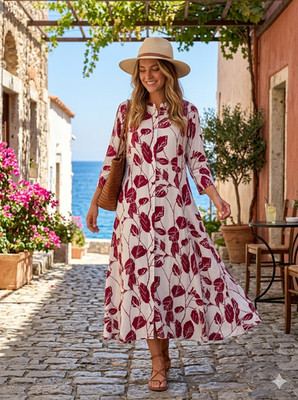 Utsa Women s Leaf Print Midi Shirt Dress Size L Burgundy Ivory Button Front 3/4