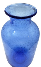 Hand Blown Blue Bubble Art Glass Vase Cobalt Tall Slender 10" x 5" Recycled