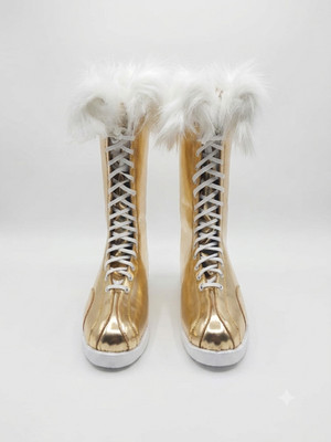 Handmade Gold Knee High Lace Up Faux Fur Winter Cosplay Leather Boots