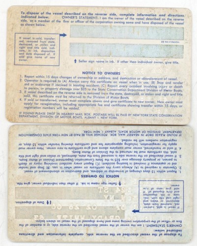 1960's 2 State of New York Boat Registration ID Card Grady White Vessel Waterway - Picture 2 of 2