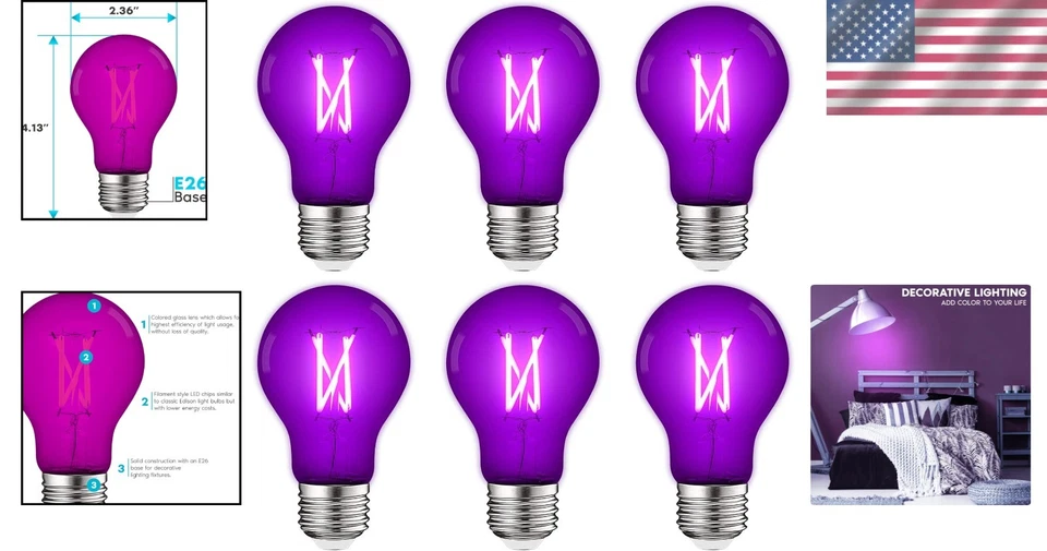 Bright Purple A19 LED Bulbs, Event Lighting 6-Pack - Image 2 of 4
