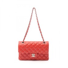 CHANEL Matelasse W flap chain Shoulder Bag Grained Calf leather Red Used SHW