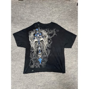 Black Gothic Cross Skull Wings Graphic T Shirt Mens 2XL Streetwear Biker