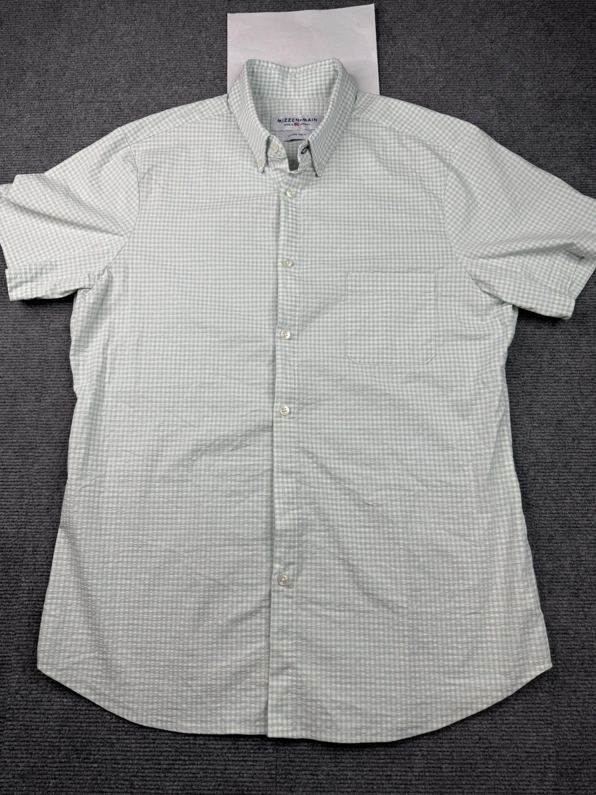 Mizzen + Main Seersucker Short Sleeve Button Down Men XL Green Stripe Trim Fit