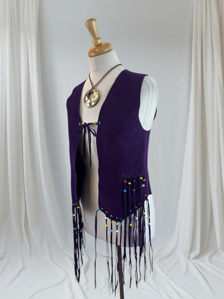 Vtg Purple Suede Leather Vest Fringe Beaded Boho Hippie Festival Indie Western S - Image 3 of 4