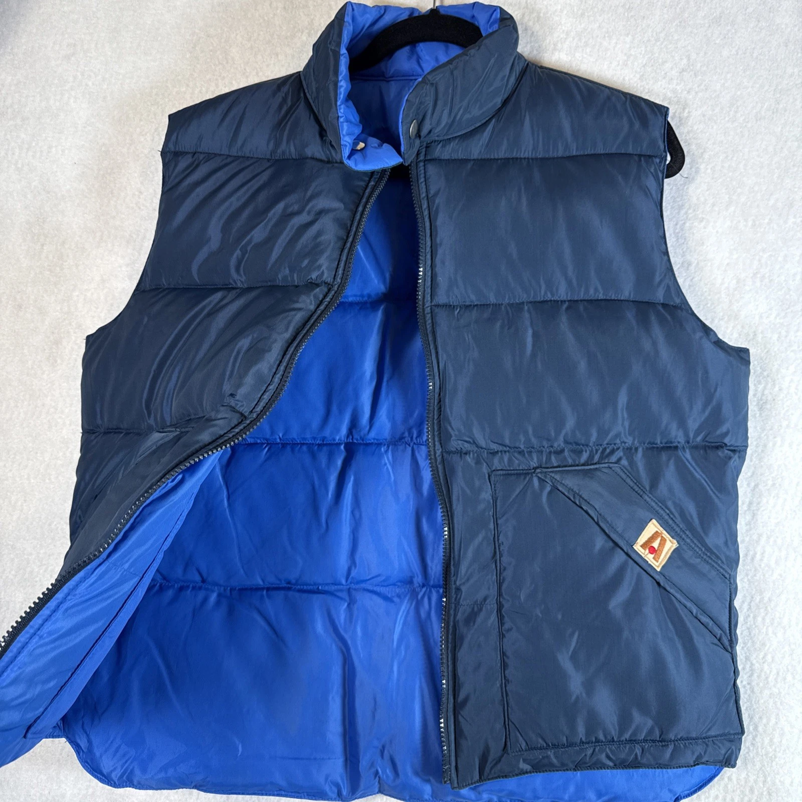 Vtg 90s Reversible Mns Lg Blue Academy Broadway Goose Down Nylon Winter Vest