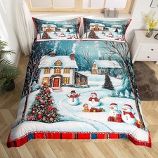 Christmas Duvet Cover Set Queen Size, Cute Snowman Xmas Tree Bedding Set for ...