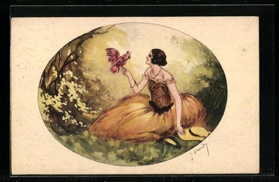 Artist Postcard J. Hardy: Woman with a Bird in Hand 1928 