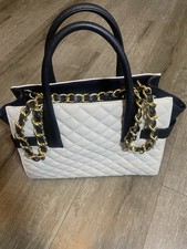 Women’s Purse JUST FAB Cream & Black Quilted Tote Gold Chain Strap 14in Classic