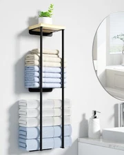 Towel Racks for Bathroom, 2 Tier Wall Towel Holder with Wood Shelf, Metal  Black