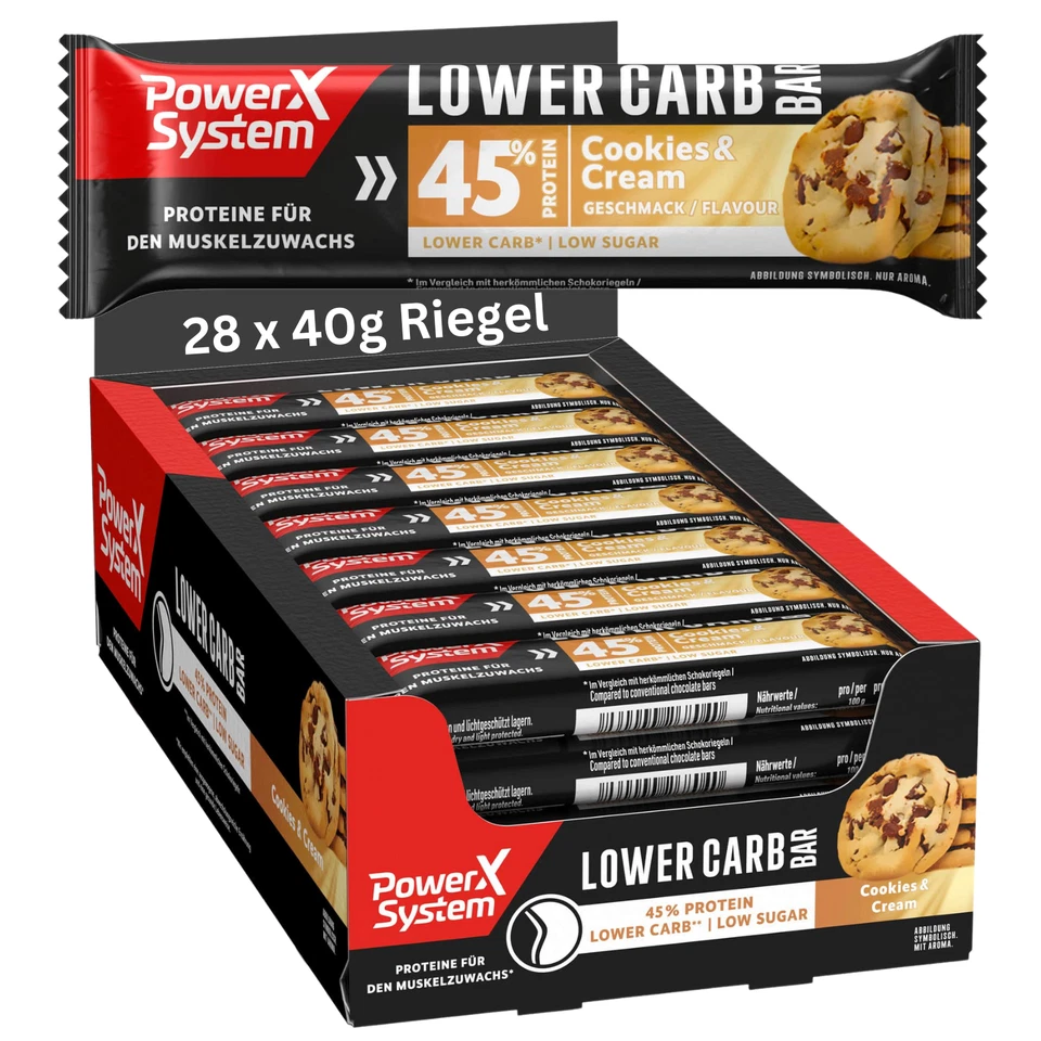 POWER SYSTEM Protein Riegel Lower Carb Bar Cookies & Cream 28 x 40g Low Sugar