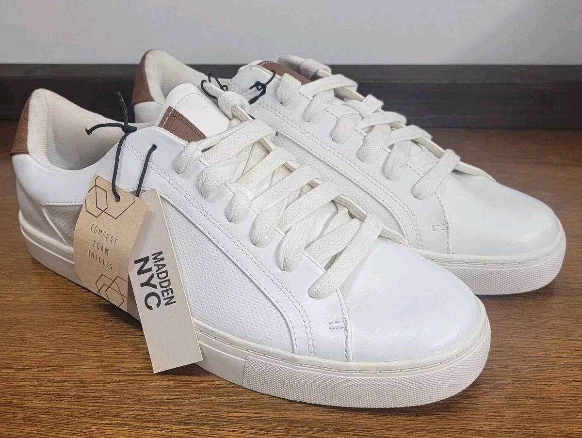 Madden NYC Mens White Faux Leather Lace Up Court Sneakers