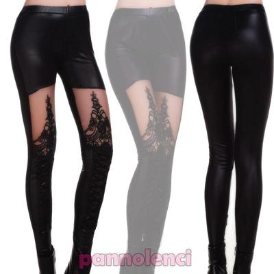 Leggings Femme Noirs Aspect Mouillé - Broderie Voilée Laçage Devant - DL-936