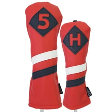 Majek Retro Golf #5 & H Wood & Hybrid Headcover Red White Blue Leather Style