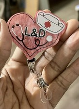Labor  Delivery, Postpartum Nurse, RN, Retractable Reel ID Badge Holder. Heart