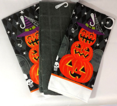 Kitchen Towels Set of 3 Halloween Pumpkin Jack O Lantern Orange Decor Linens