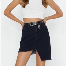 Momokrom Shadow Caster Black High Cut Leg Denim Skirt Raw Hem Medium