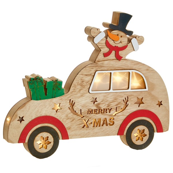 Holz Weihnachtslicht Auto Mit Schneemann Led Batterie Dekoration-image
