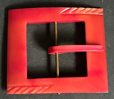 Vintage Red Bakelite Belt Buckle Deco Carved Design