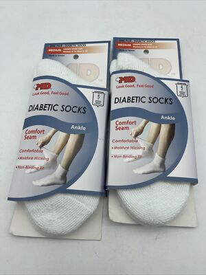 +MD 2 Pair Diabetic Ankle Socks White Medium Comfort Seam Unisex Non-Binding