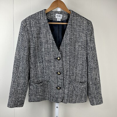 Vintage Koret Tweed Blazer Jacket Womens 10P Navy White 100% Silk Big Buttons