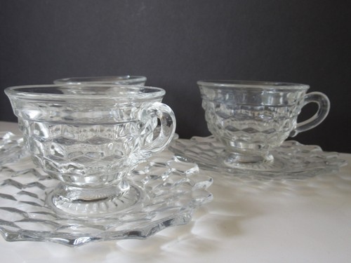 Lot 4 Fostoria American clear glass cup Saucer sets cubist fluted edge saucers - Picture 2 of 7