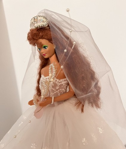 1985 Vntg Barbie In Wedding Gown Dress (New) Pearl Headpiece Veil, Pearly Bouqt - Picture 14 of 18