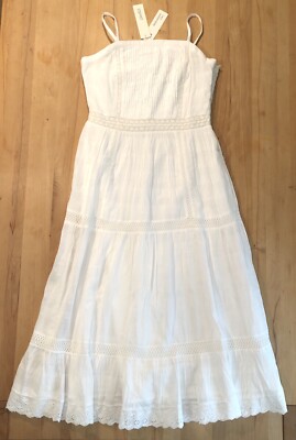 Neu Esprit Damen Maxi Kleid 100% Biobaumwolle Stickereien Und Spitze Gr.40 Weiß