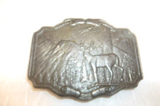 Vintage Brass Belt Buckle Deer Stag Buck Hunting Mountain Scene