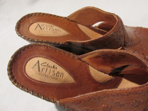 Women's 8 Clarks Artisan Collection Tan Leather Wedge Clogs Detail Stitching - Picture 8 of 9
